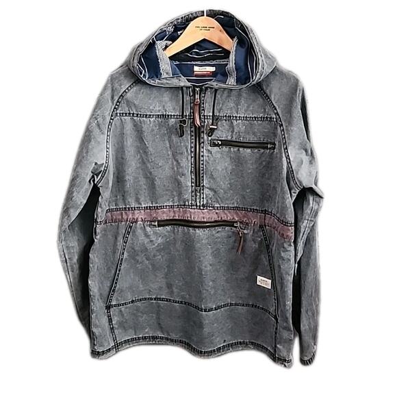 Katin Anorak Jacket Mens Large Washed Blue Pullover 1/4 Zip Cotton Nylon Hooded - Picture 1 of 8